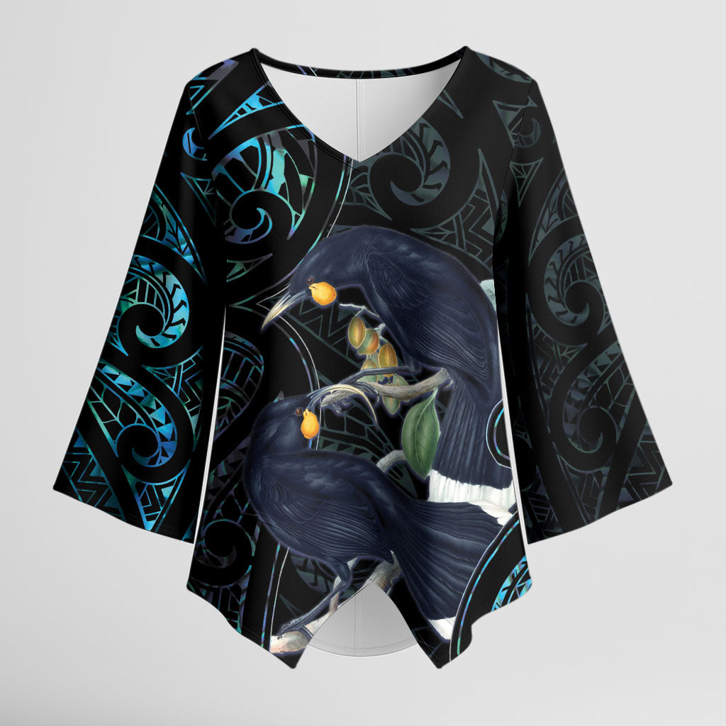 New Zealand Huia Bird Kimono Sleeve Blouse Paua Shell Maori Pattern