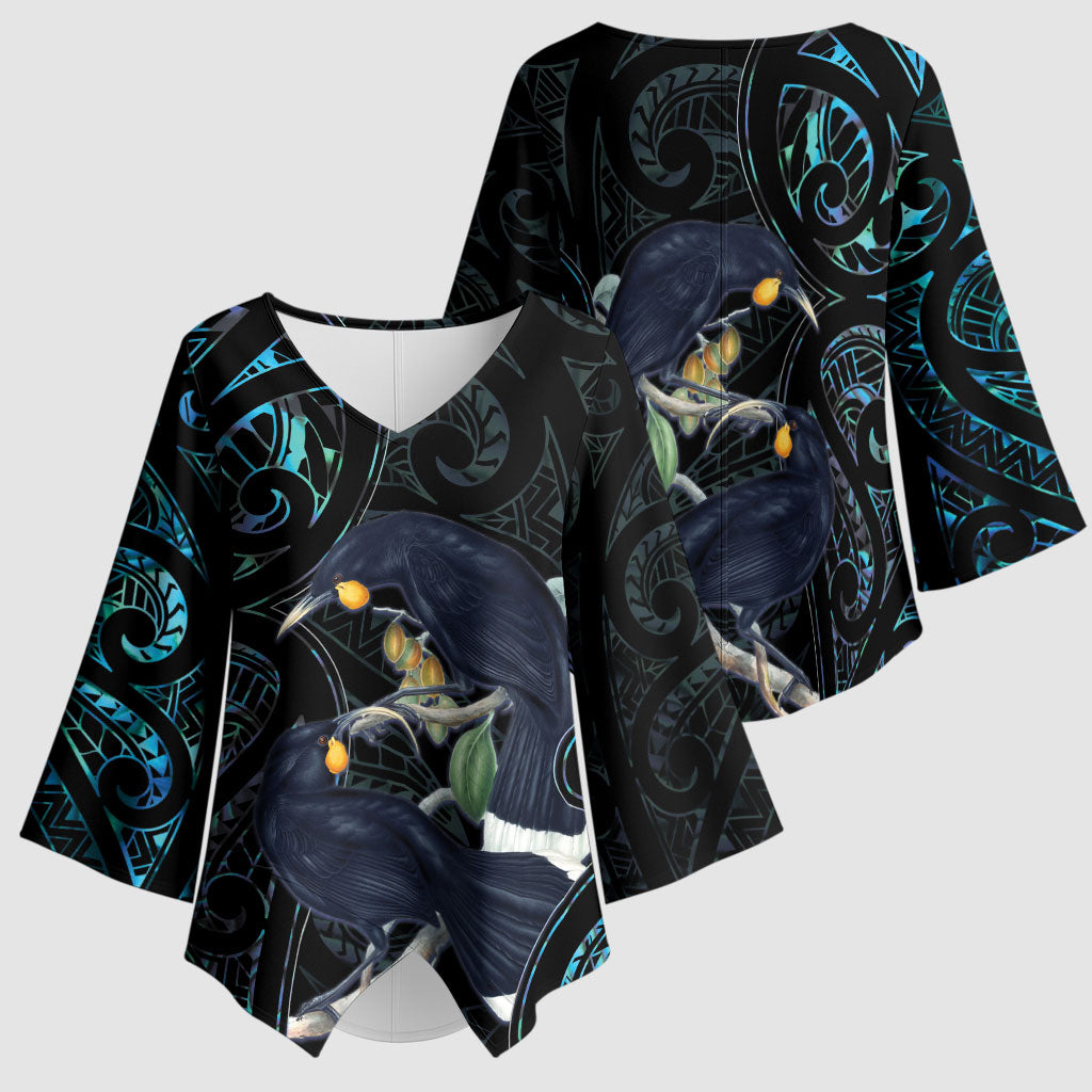 New Zealand Huia Bird Kimono Sleeve Blouse Paua Shell Maori Pattern