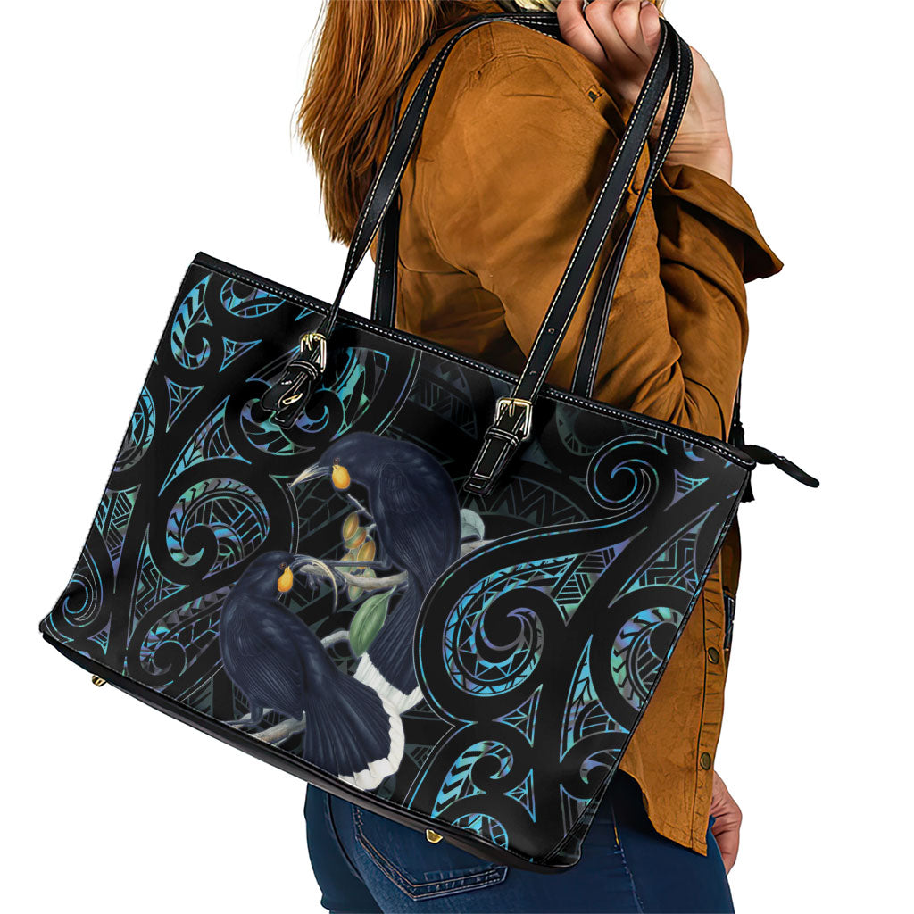 New Zealand Huia Bird Leather Tote Bag Paua Shell Maori Pattern