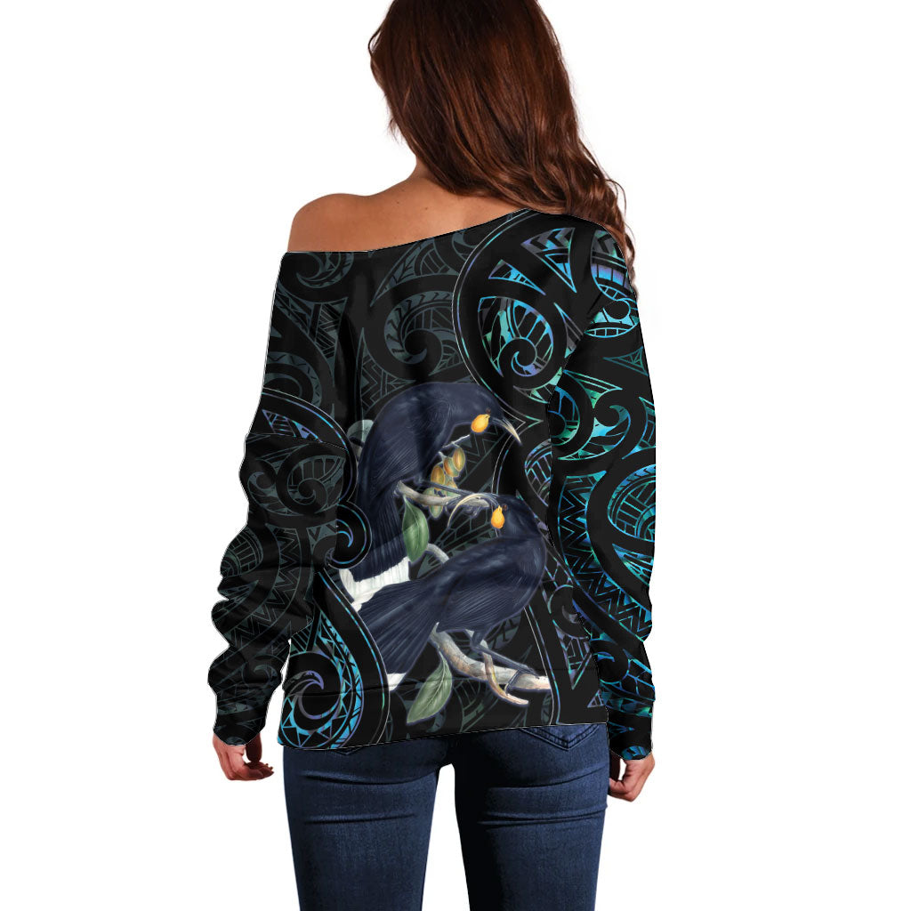New Zealand Huia Bird Off Shoulder Sweater Paua Shell Maori Pattern LT22 - Polynesian Pride