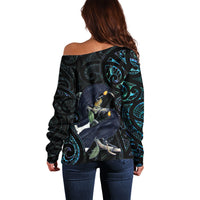 New Zealand Huia Bird Off Shoulder Sweater Paua Shell Maori Pattern LT22 - Polynesian Pride