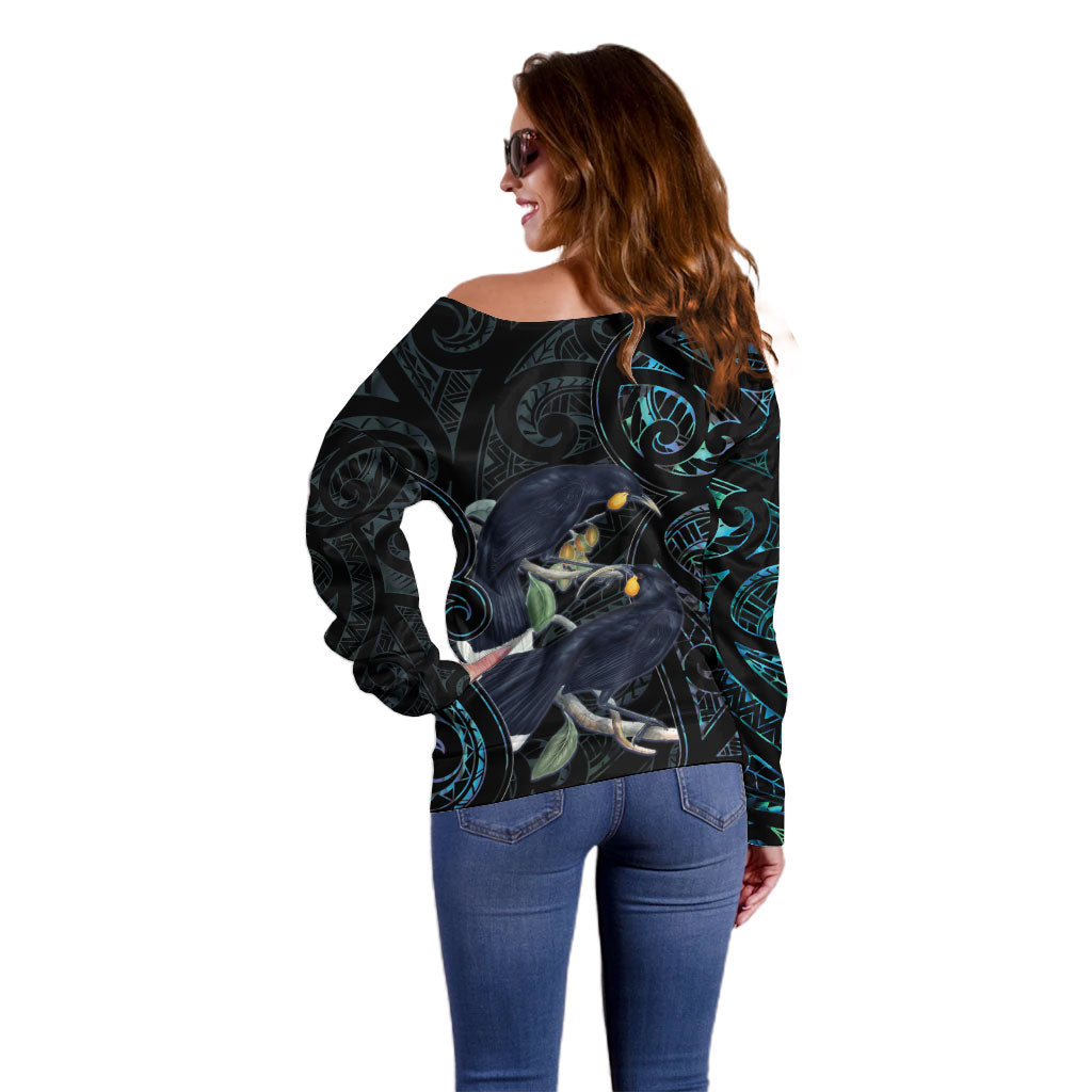 New Zealand Huia Bird Off Shoulder Sweater Paua Shell Maori Pattern LT22 - Polynesian Pride