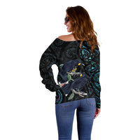 New Zealand Huia Bird Off Shoulder Sweater Paua Shell Maori Pattern LT22 - Polynesian Pride