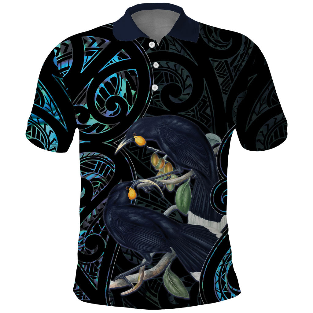 New Zealand Huia Bird Polo Shirt Paua Shell Maori Pattern LT22 Black - Polynesian Pride