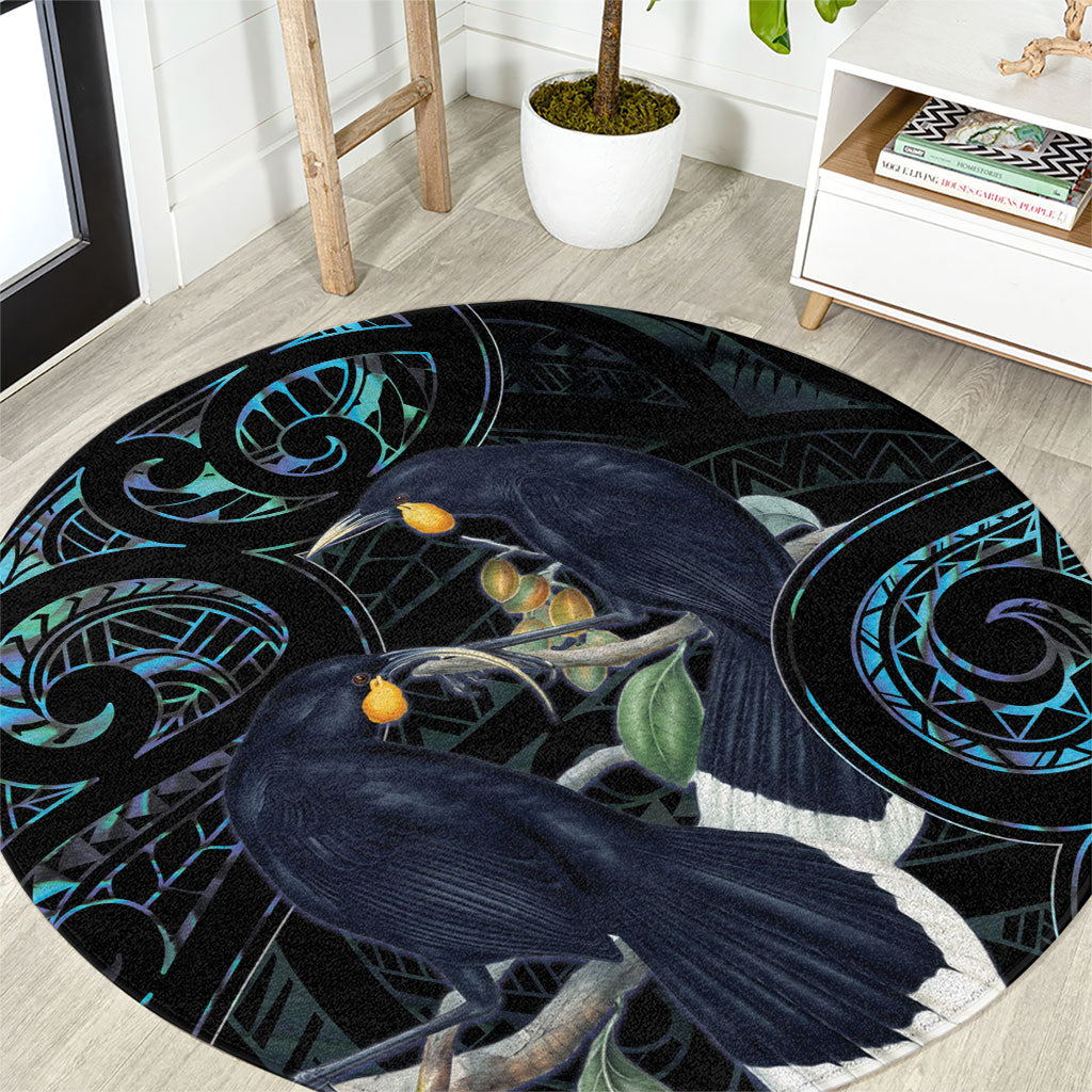 New Zealand Huia Bird Round Carpet Paua Shell Maori Pattern LT22 Black - Polynesian Pride