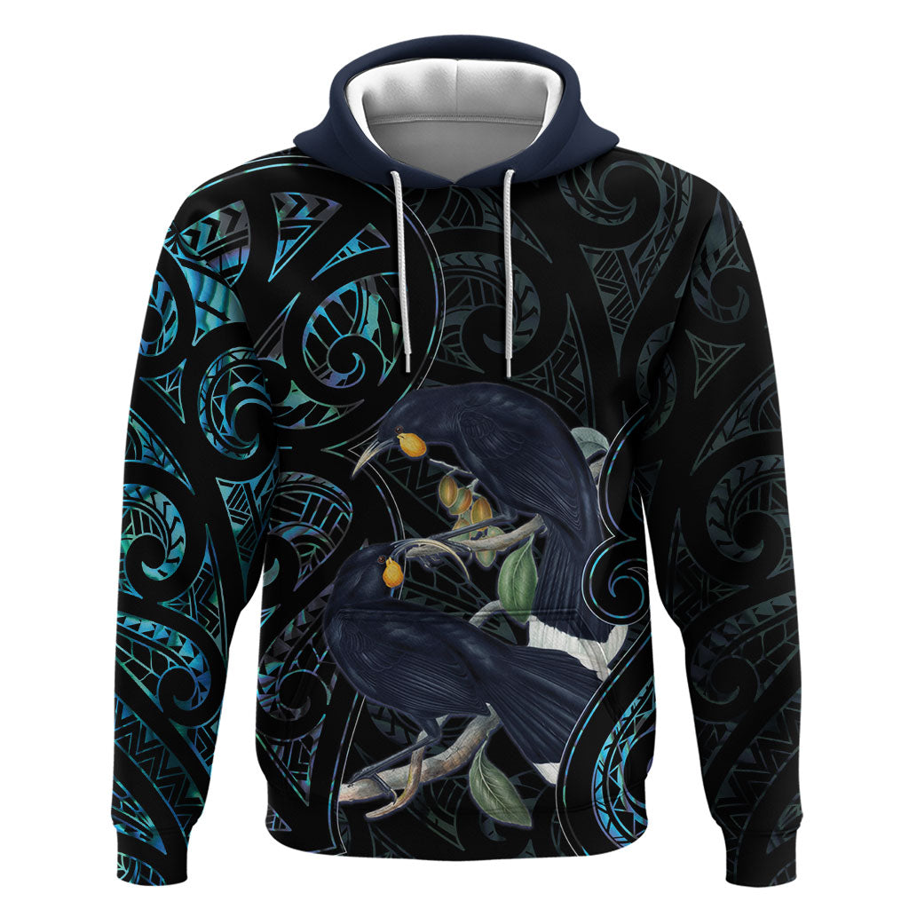 New Zealand Huia Bird Zip Hoodie Paua Shell Maori Pattern