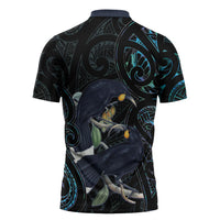 New Zealand Huia Bird Zipper Polo Shirt Paua Shell Maori Pattern