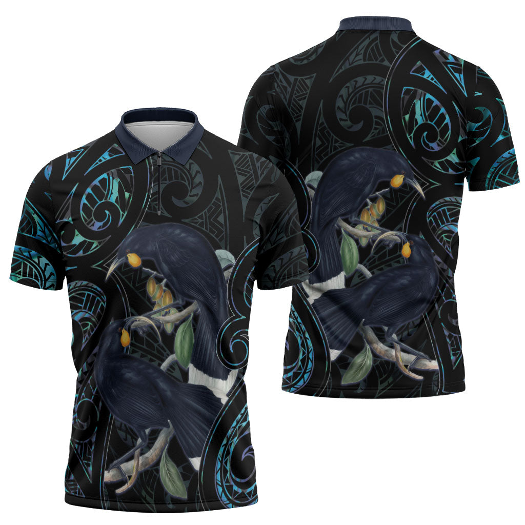 New Zealand Huia Bird Zipper Polo Shirt Paua Shell Maori Pattern