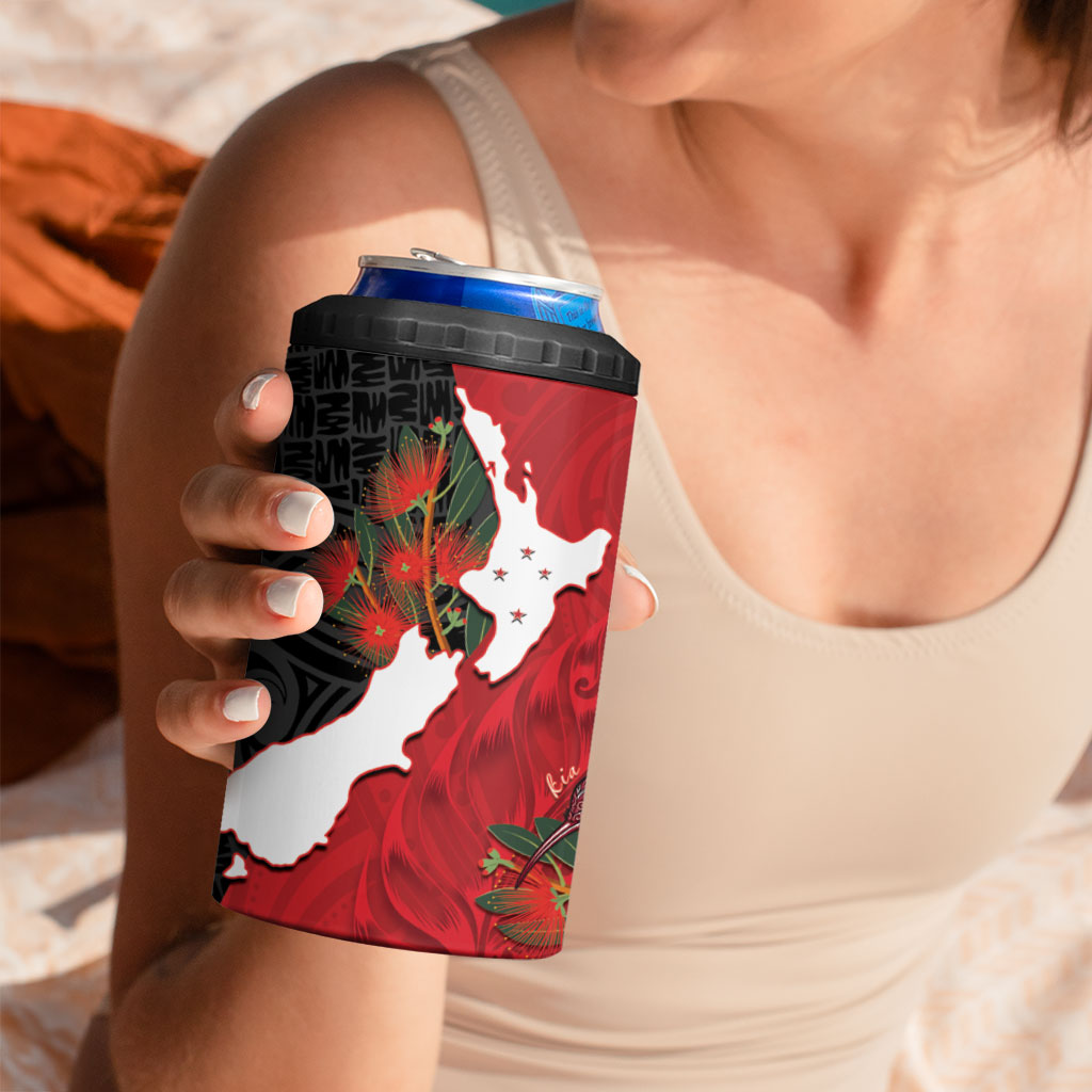 Kiwi New Zealand Personalised 4 in 1 Can Cooler Tumbler NZ Map Pohutukawa Fern Maori Pattern