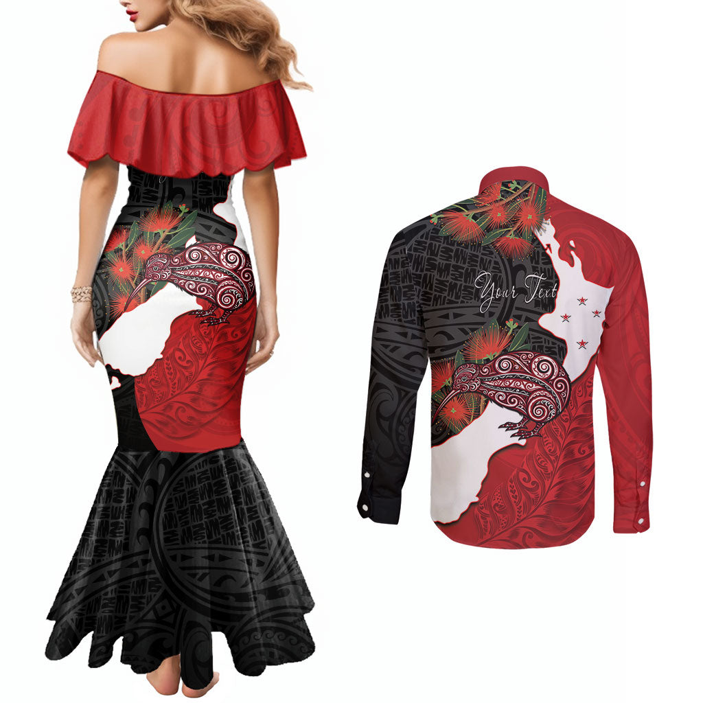 Kiwi New Zealand Personalised Couples Matching Mermaid Dress and Long Sleeve Button Shirt NZ Map Pohutukawa Fern Maori Pattern LT22 - Polynesian Pride