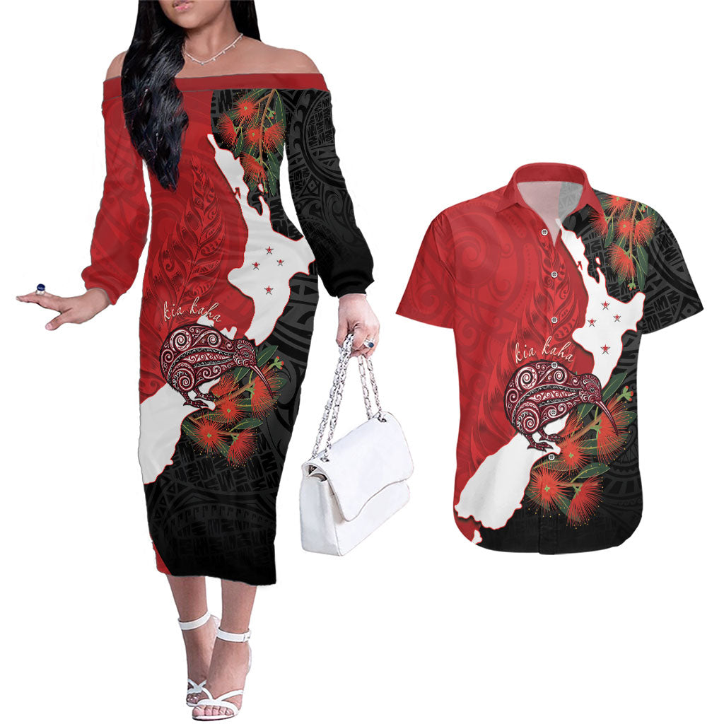 Kiwi New Zealand Personalised Couples Matching Off The Shoulder Long Sleeve Dress and Hawaiian Shirt NZ Map Pohutukawa Fern Maori Pattern LT22 Red - Polynesian Pride