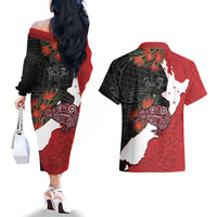 Kiwi New Zealand Personalised Couples Matching Off The Shoulder Long Sleeve Dress and Hawaiian Shirt NZ Map Pohutukawa Fern Maori Pattern LT22 - Polynesian Pride