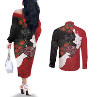Kiwi New Zealand Personalised Couples Matching Off The Shoulder Long Sleeve Dress and Long Sleeve Button Shirt NZ Map Pohutukawa Fern Maori Pattern LT22 - Polynesian Pride