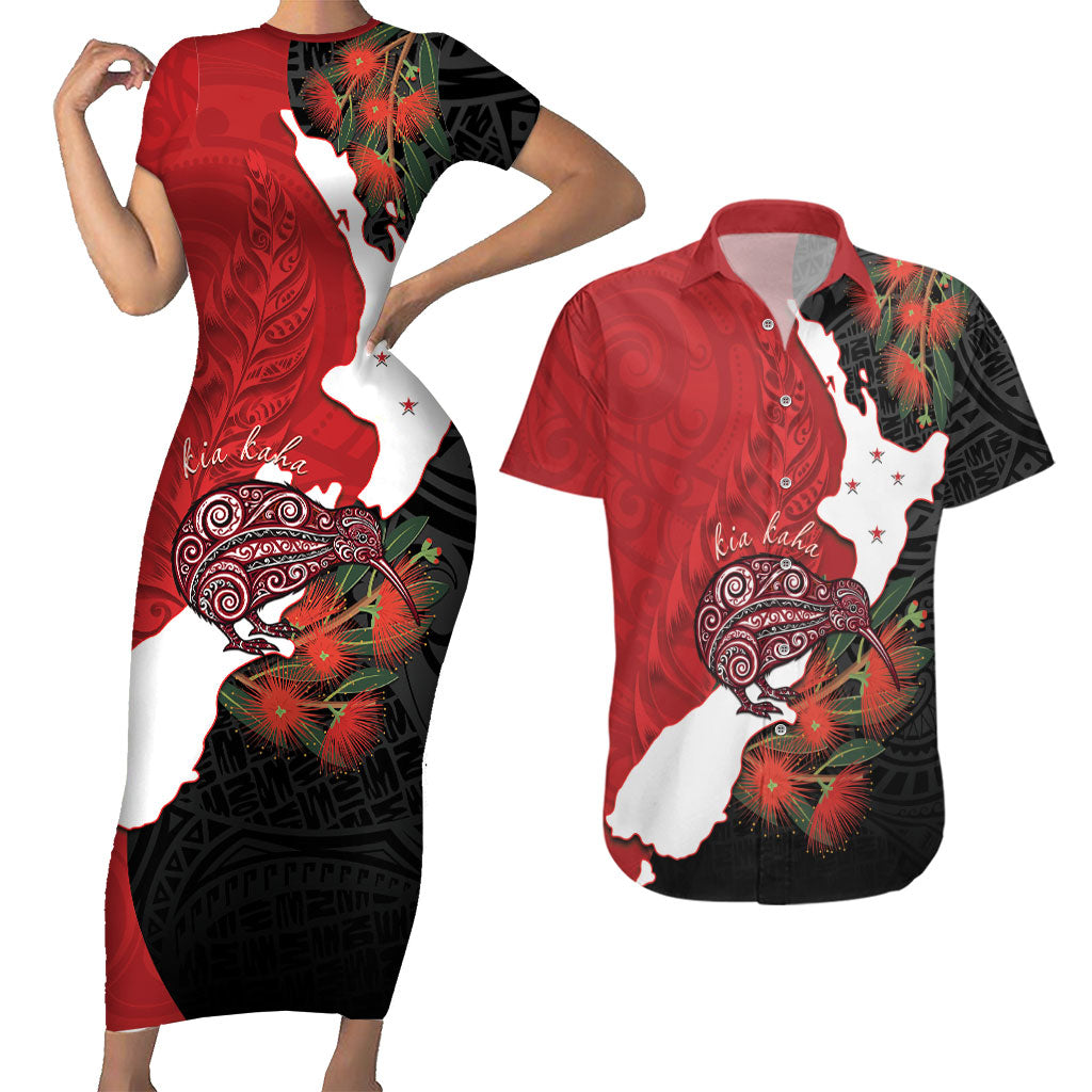 Kiwi New Zealand Personalised Couples Matching Short Sleeve Bodycon Dress and Hawaiian Shirt NZ Map Pohutukawa Fern Maori Pattern LT22 Red - Polynesian Pride