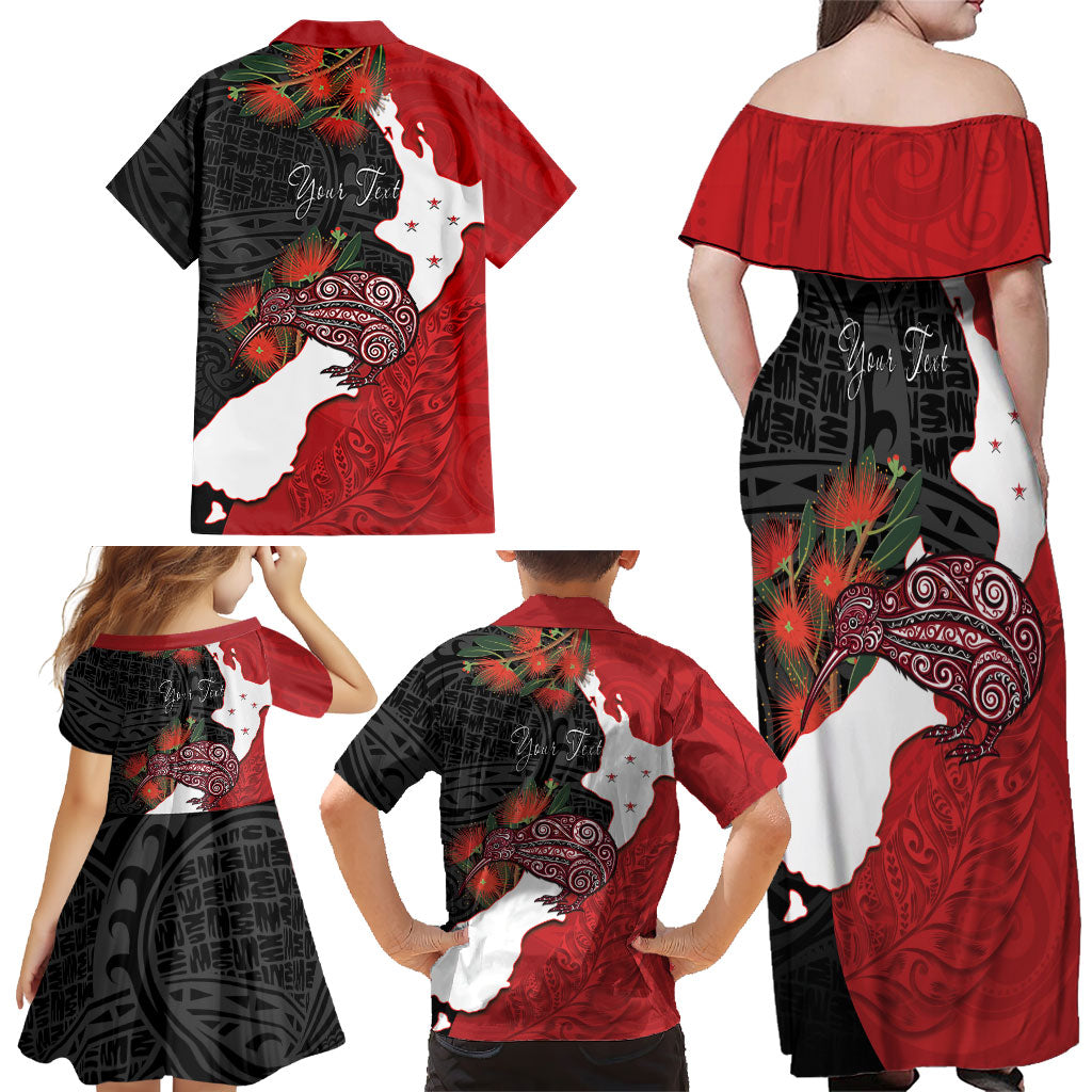 Kiwi New Zealand Personalised Family Matching Off Shoulder Maxi Dress and Hawaiian Shirt NZ Map Pohutukawa Fern Maori Pattern LT22 - Polynesian Pride
