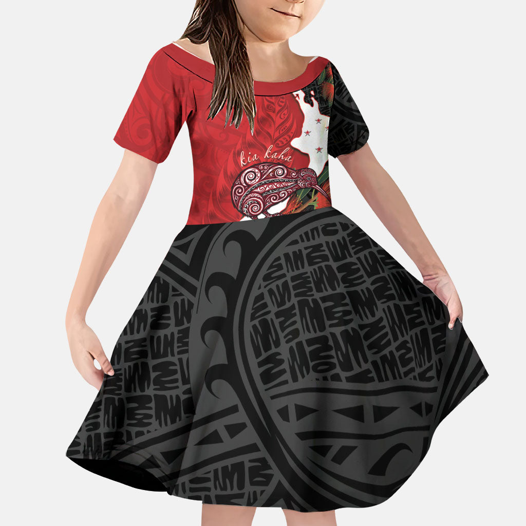 Kiwi New Zealand Personalised Family Matching Off Shoulder Short Dress and Hawaiian Shirt NZ Map Pohutukawa Fern Maori Pattern LT22 Daughter's Dress Red - Polynesian Pride