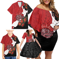 Kiwi New Zealand Personalised Family Matching Off Shoulder Short Dress and Hawaiian Shirt NZ Map Pohutukawa Fern Maori Pattern LT22 - Polynesian Pride