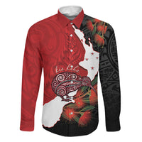 Kiwi New Zealand Personalised Family Matching Puletasi and Hawaiian Shirt NZ Map Pohutukawa Fern Maori Pattern LT22 Dad's Shirt - Long Sleeve Red - Polynesian Pride