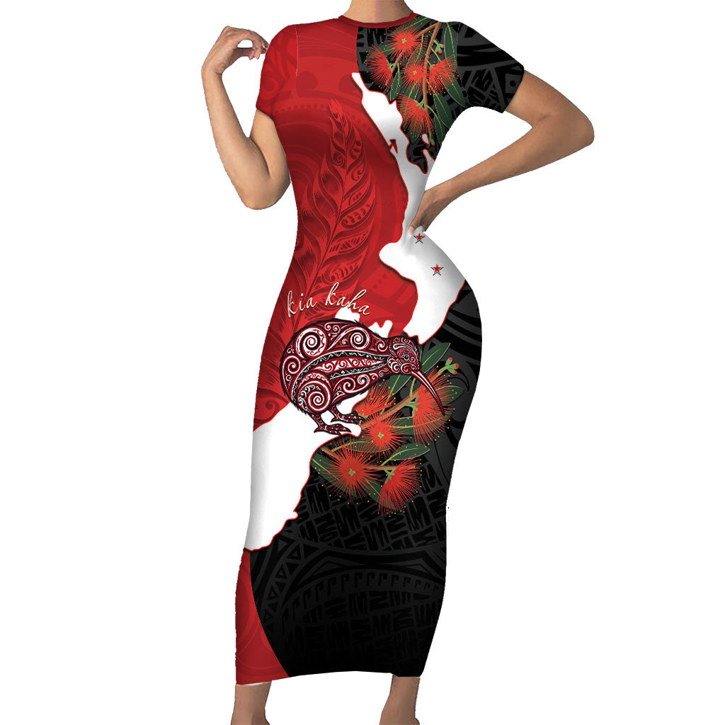 Kiwi New Zealand Personalised Family Matching Short Sleeve Bodycon Dress and Hawaiian Shirt NZ Map Pohutukawa Fern Maori Pattern LT22 Mom's Dress Red - Polynesian Pride