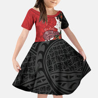 Kiwi New Zealand Personalised Family Matching Summer Maxi Dress and Hawaiian Shirt NZ Map Pohutukawa Fern Maori Pattern LT22 Daughter's Dress Red - Polynesian Pride