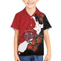 Kiwi New Zealand Personalised Family Matching Tank Maxi Dress and Hawaiian Shirt NZ Map Pohutukawa Fern Maori Pattern LT22 Son's Shirt Red - Polynesian Pride