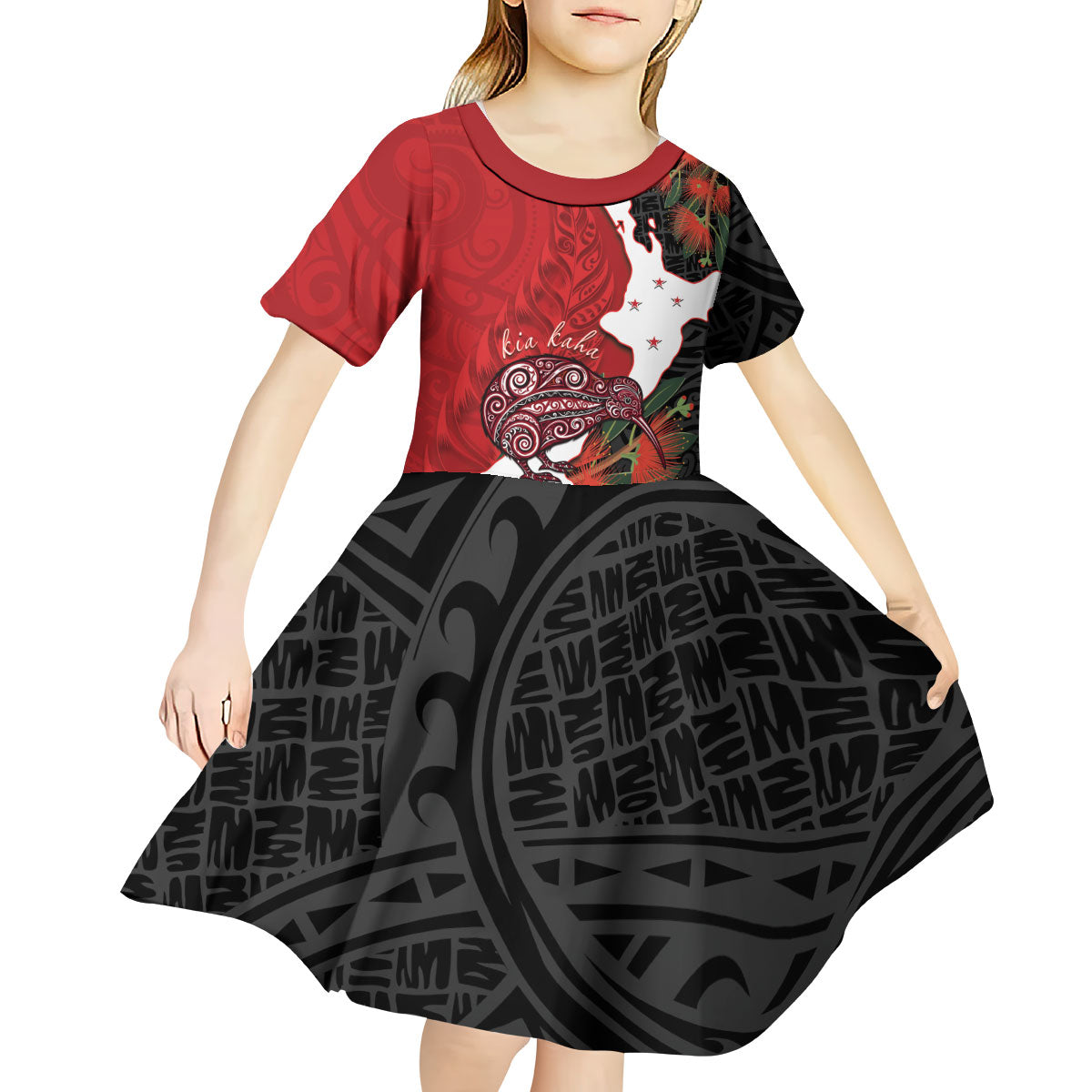 Kiwi New Zealand Personalised Kid Short Sleeve Dress NZ Map Pohutukawa Fern Maori Pattern