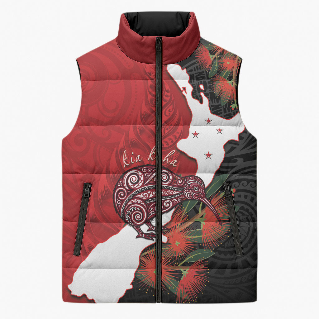 Kiwi New Zealand Personalised Sleeveless Puffer Jacket NZ Map Pohutukawa Fern Maori Pattern