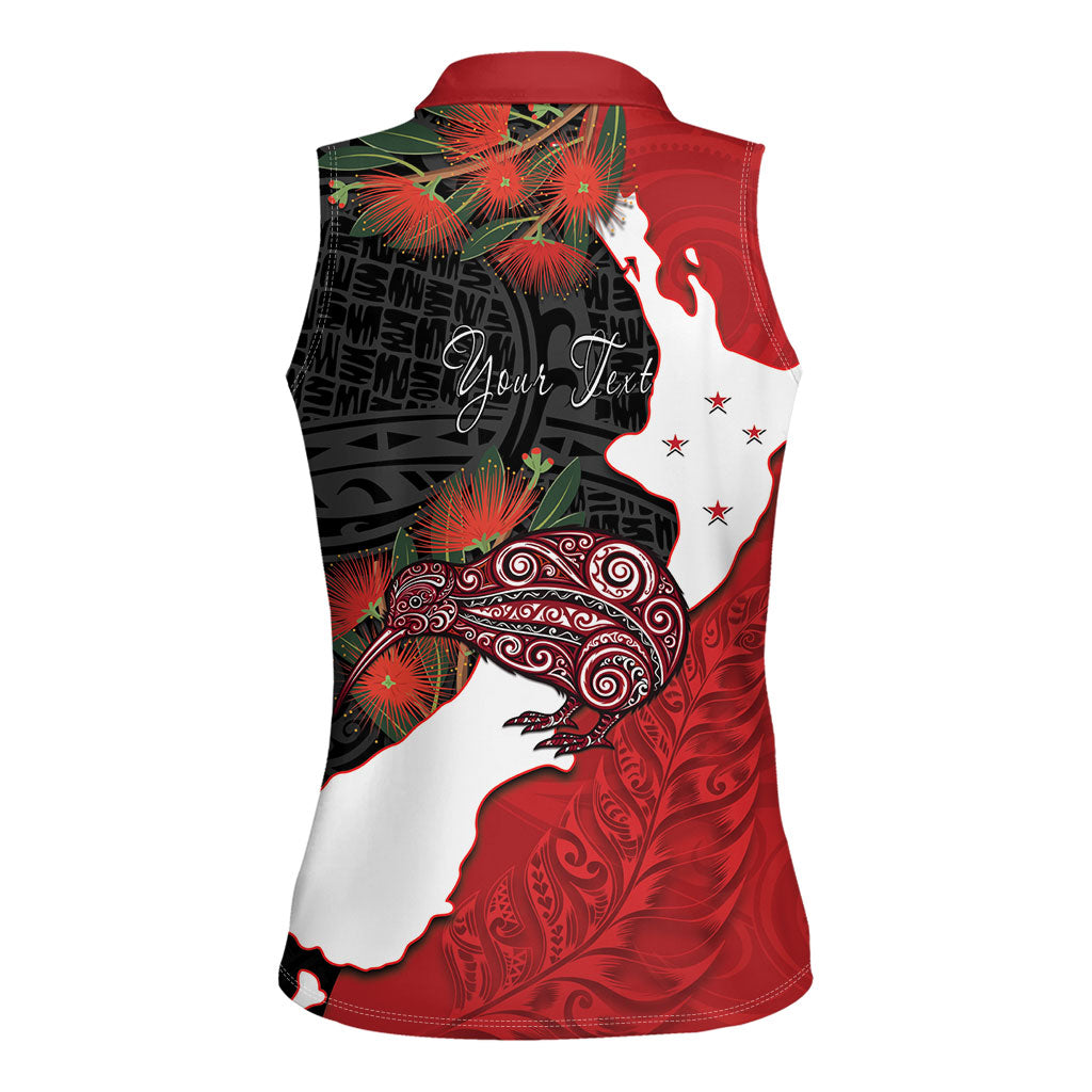 Kiwi New Zealand Personalised Women Sleeveless Polo Shirt NZ Map Pohutukawa Fern Maori Pattern LT22 - Polynesian Pride