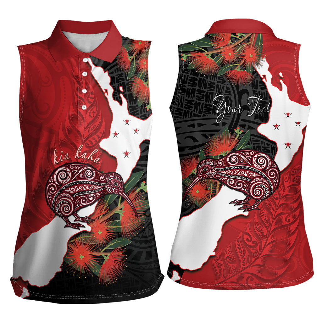 Kiwi New Zealand Personalised Women Sleeveless Polo Shirt NZ Map Pohutukawa Fern Maori Pattern LT22 - Polynesian Pride