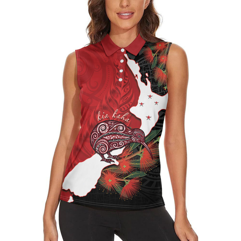 Kiwi New Zealand Personalised Women Sleeveless Polo Shirt NZ Map Pohutukawa Fern Maori Pattern LT22 - Polynesian Pride
