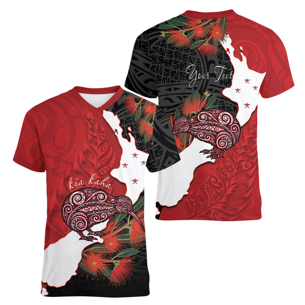 Kiwi New Zealand Personalised Women V-Neck T-Shirt NZ Map Pohutukawa Fern Maori Pattern LT22 - Polynesian Pride