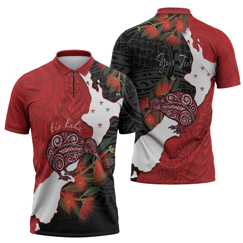 Kiwi New Zealand Personalised Zipper Polo Shirt NZ Map Pohutukawa Fern Maori Pattern