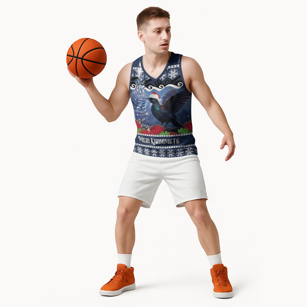 New Zealand Tui Bird Christmas Basketball Jersey Pohutukawa Xmas Tree Meri Kirihimete LT22 - Polynesian Pride