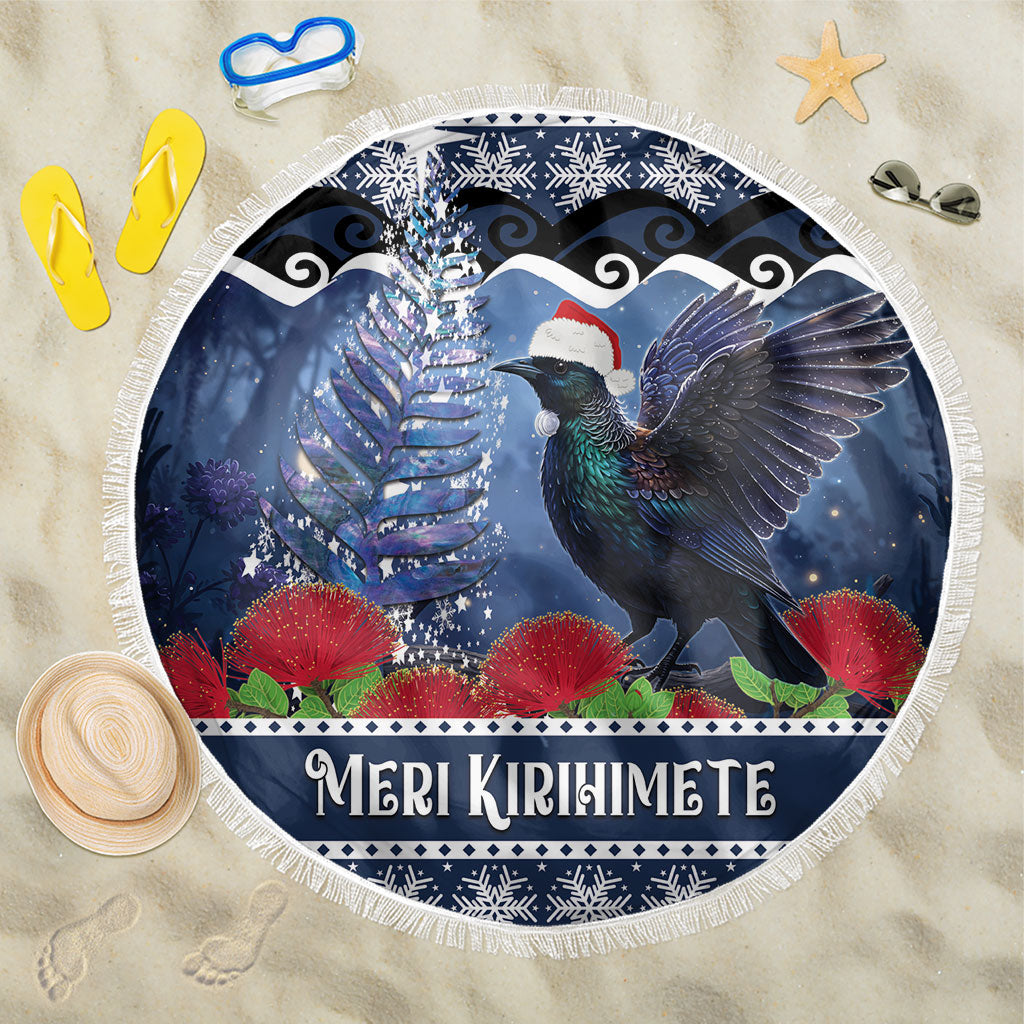 New Zealand Tui Bird Christmas Beach Blanket Pohutukawa Xmas Tree Meri Kirihimete LT22 One Size 150cm Blue - Polynesian Pride