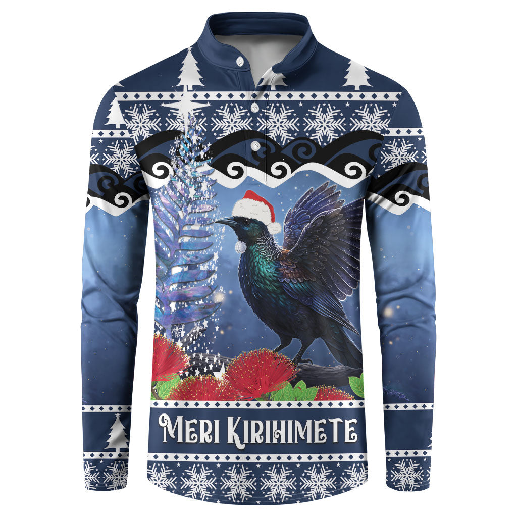New Zealand Tui Bird Christmas Button Sweatshirt Pohutukawa Xmas Tree Meri Kirihimete