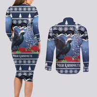 New Zealand Tui Bird Christmas Couples Matching Long Sleeve Bodycon Dress and Long Sleeve Button Shirt Pohutukawa Xmas Tree Meri Kirihimete LT22 - Polynesian Pride