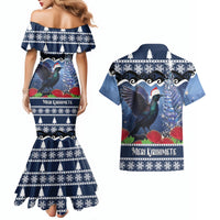 New Zealand Tui Bird Christmas Couples Matching Mermaid Dress and Hawaiian Shirt Pohutukawa Xmas Tree Meri Kirihimete LT22 - Polynesian Pride