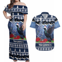 New Zealand Tui Bird Christmas Couples Matching Off Shoulder Maxi Dress and Hawaiian Shirt Pohutukawa Xmas Tree Meri Kirihimete LT22 Blue - Polynesian Pride