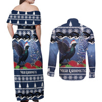 New Zealand Tui Bird Christmas Couples Matching Off Shoulder Maxi Dress and Long Sleeve Button Shirt Pohutukawa Xmas Tree Meri Kirihimete LT22 - Polynesian Pride