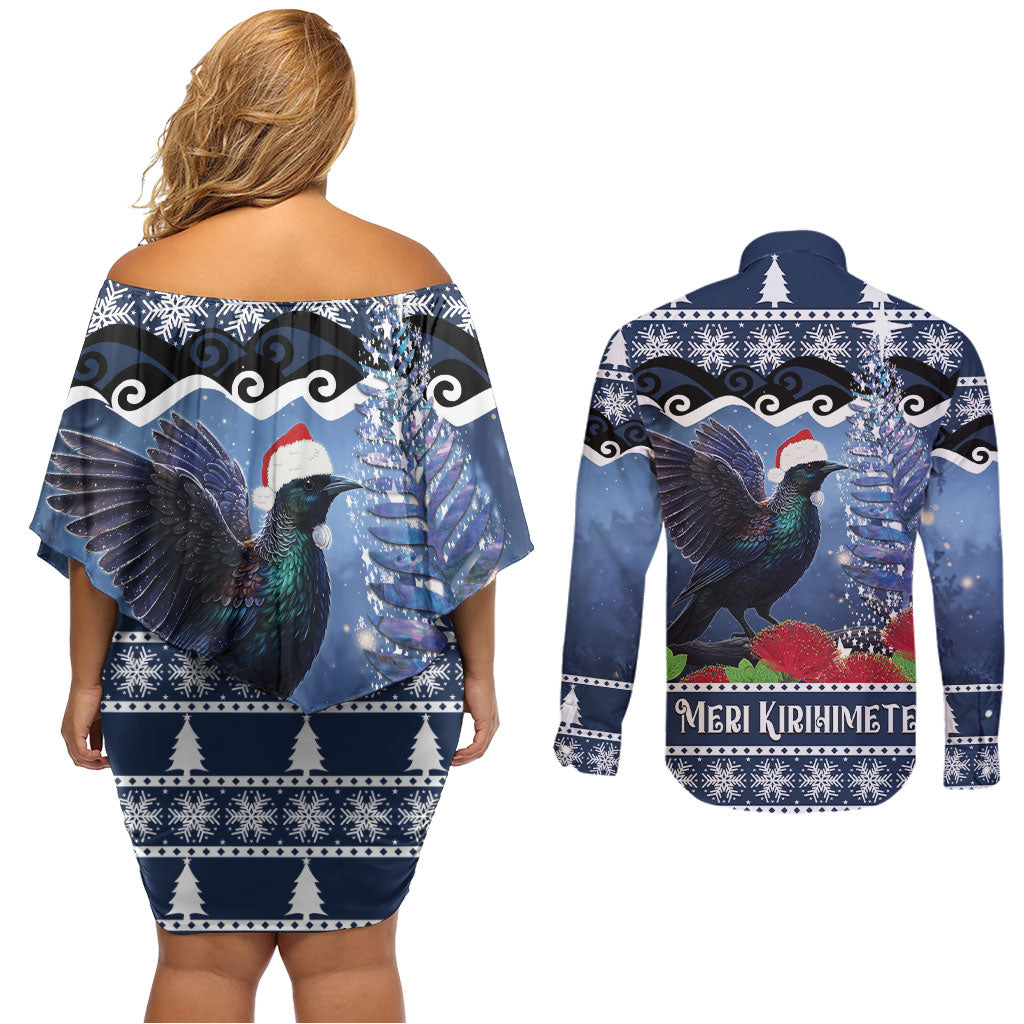 New Zealand Tui Bird Christmas Couples Matching Off Shoulder Short Dress and Long Sleeve Button Shirt Pohutukawa Xmas Tree Meri Kirihimete LT22 - Polynesian Pride