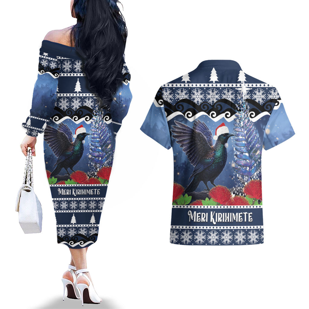 New Zealand Tui Bird Christmas Couples Matching Off The Shoulder Long Sleeve Dress and Hawaiian Shirt Pohutukawa Xmas Tree Meri Kirihimete LT22 - Polynesian Pride