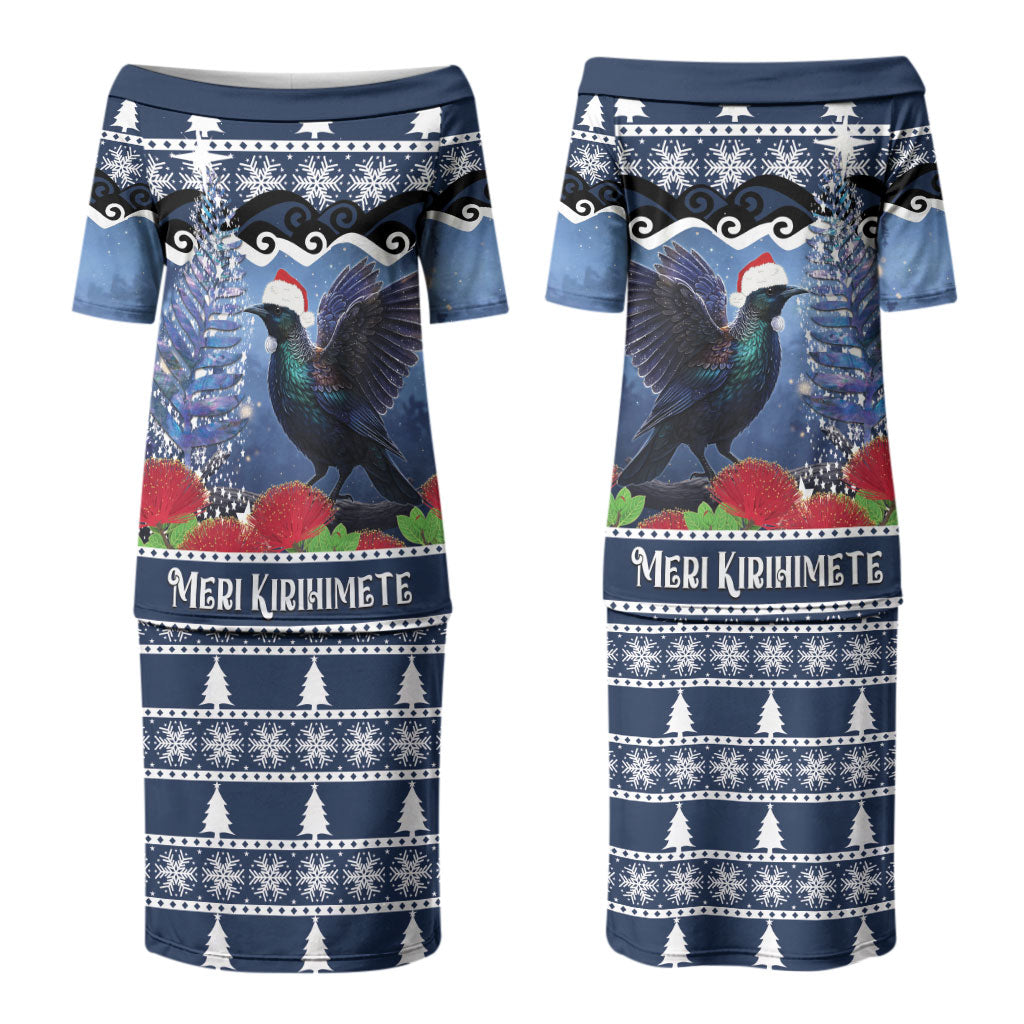 New Zealand Tui Bird Christmas Couples Matching Puletasi and Hawaiian Shirt Pohutukawa Xmas Tree Meri Kirihimete LT22 - Polynesian Pride
