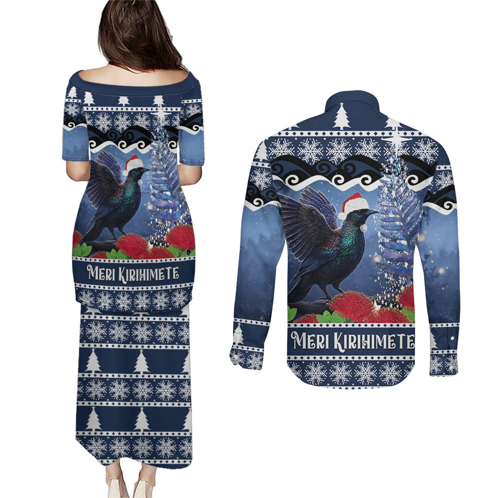 New Zealand Tui Bird Christmas Couples Matching Puletasi and Long Sleeve Button Shirt Pohutukawa Xmas Tree Meri Kirihimete LT22 - Polynesian Pride