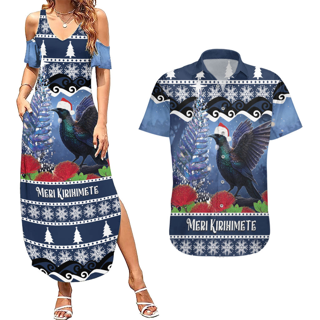 New Zealand Tui Bird Christmas Couples Matching Summer Maxi Dress and Hawaiian Shirt Pohutukawa Xmas Tree Meri Kirihimete LT22 Blue - Polynesian Pride