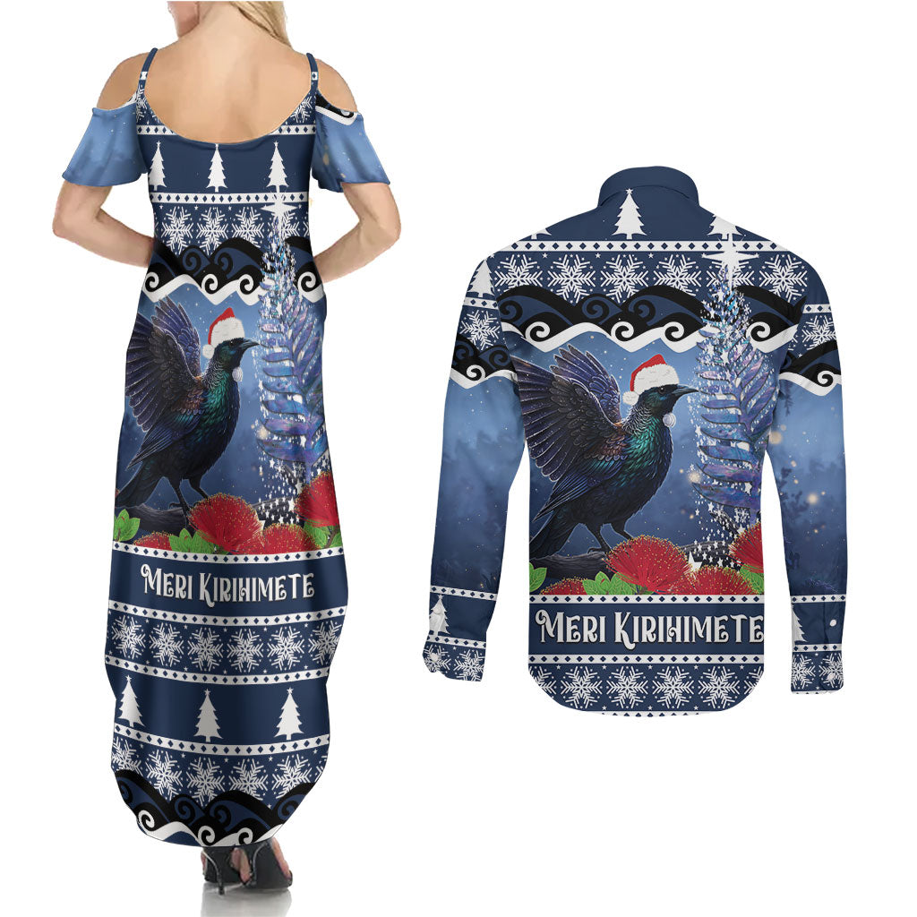 New Zealand Tui Bird Christmas Couples Matching Summer Maxi Dress and Long Sleeve Button Shirt Pohutukawa Xmas Tree Meri Kirihimete LT22 - Polynesian Pride