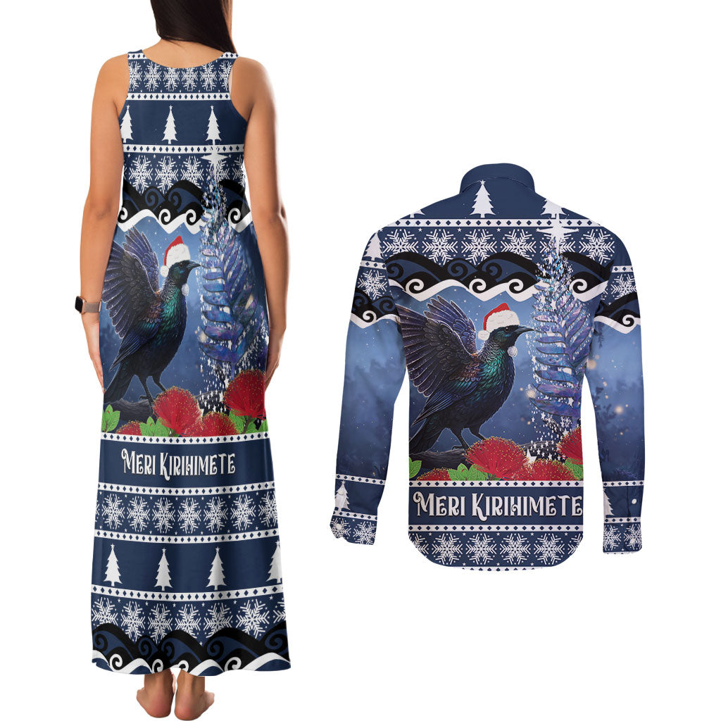 New Zealand Tui Bird Christmas Couples Matching Tank Maxi Dress and Long Sleeve Button Shirt Pohutukawa Xmas Tree Meri Kirihimete LT22 - Polynesian Pride