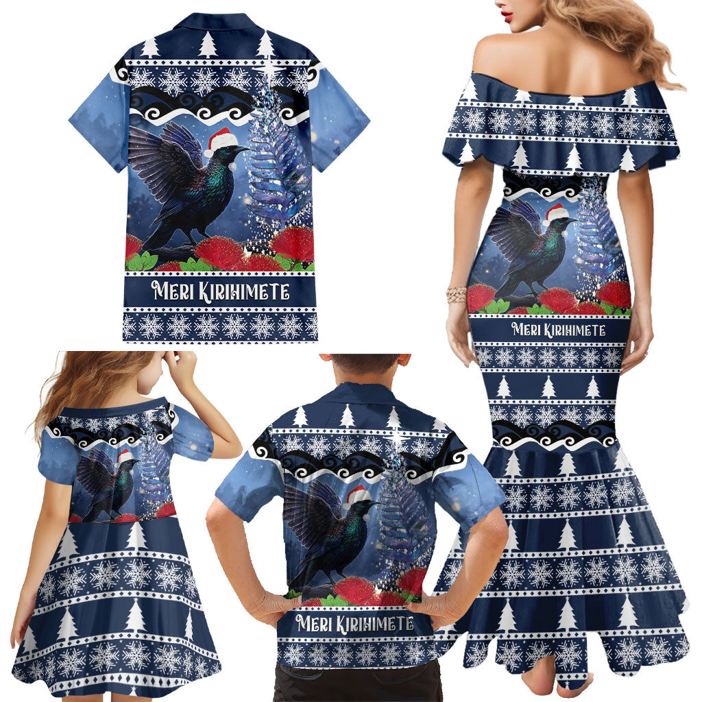 New Zealand Tui Bird Christmas Family Matching Mermaid Dress and Hawaiian Shirt Pohutukawa Xmas Tree Meri Kirihimete LT22 - Polynesian Pride