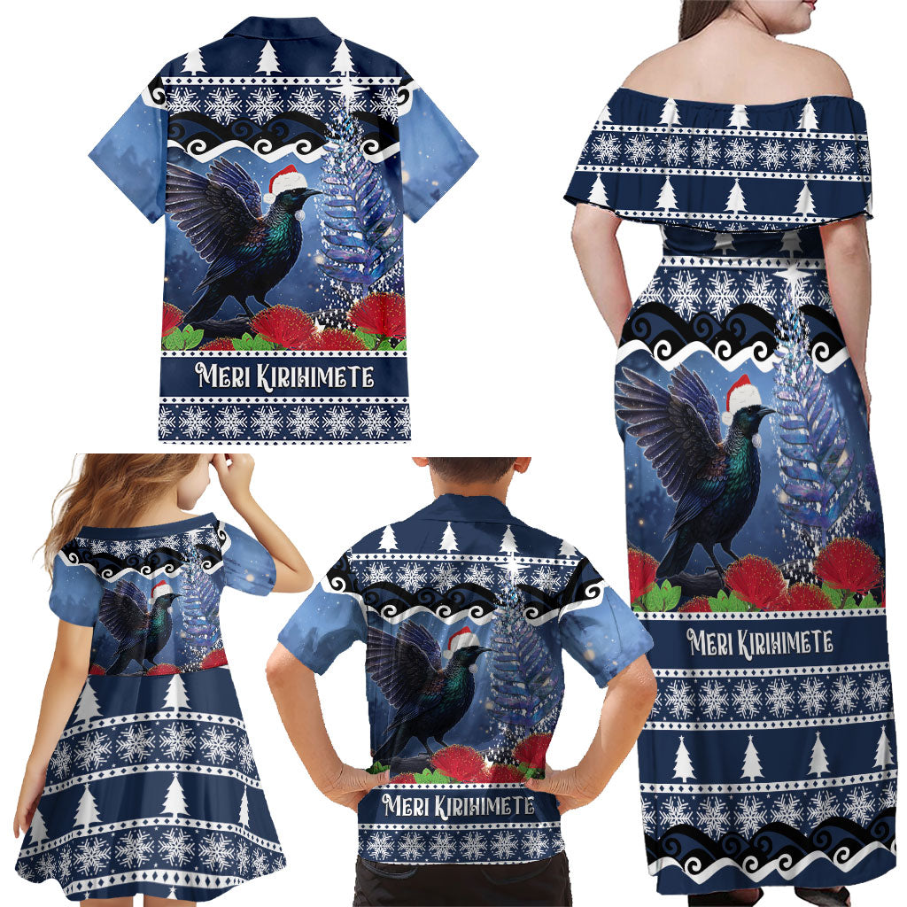 New Zealand Tui Bird Christmas Family Matching Off Shoulder Maxi Dress and Hawaiian Shirt Pohutukawa Xmas Tree Meri Kirihimete LT22 - Polynesian Pride