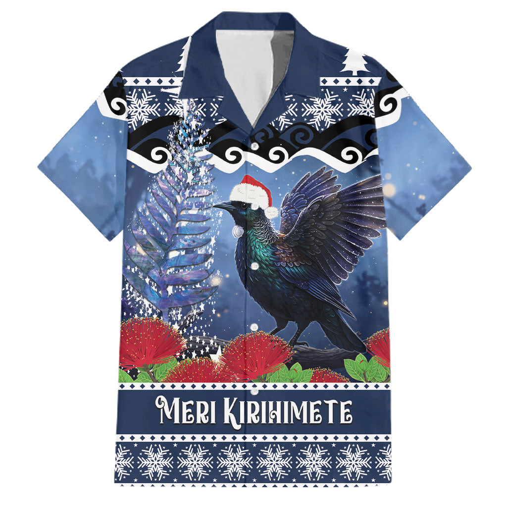 New Zealand Tui Bird Christmas Family Matching Off Shoulder Maxi Dress and Hawaiian Shirt Pohutukawa Xmas Tree Meri Kirihimete LT22 Dad's Shirt - Short Sleeve Blue - Polynesian Pride
