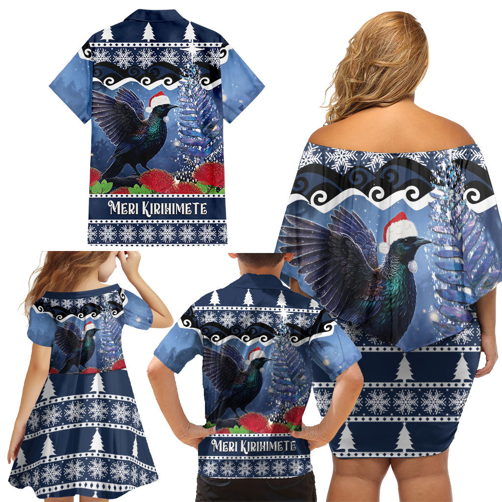 New Zealand Tui Bird Christmas Family Matching Off Shoulder Short Dress and Hawaiian Shirt Pohutukawa Xmas Tree Meri Kirihimete LT22 - Polynesian Pride